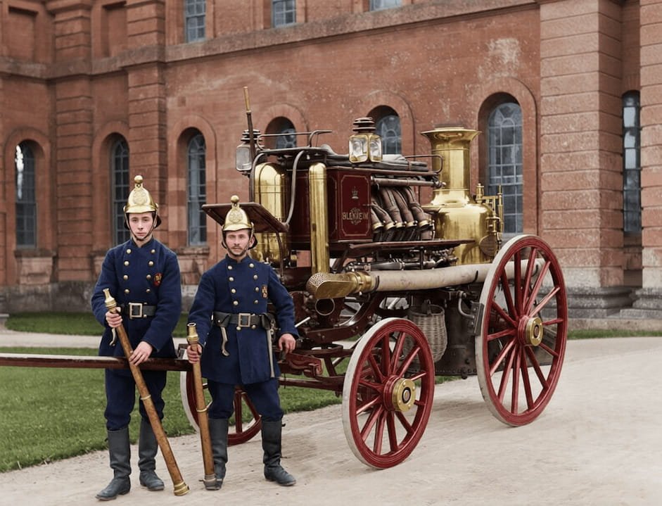 Pompiers en uniforme devant pompe à vapeur ancienne