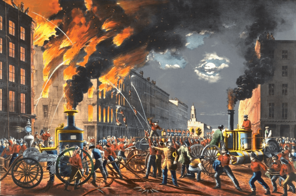 Incendie urbain au XIXe siècle avec pompiers