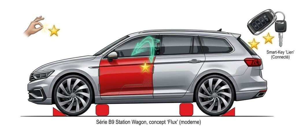 Break Volkswagen avec porte rouge et clé connectée