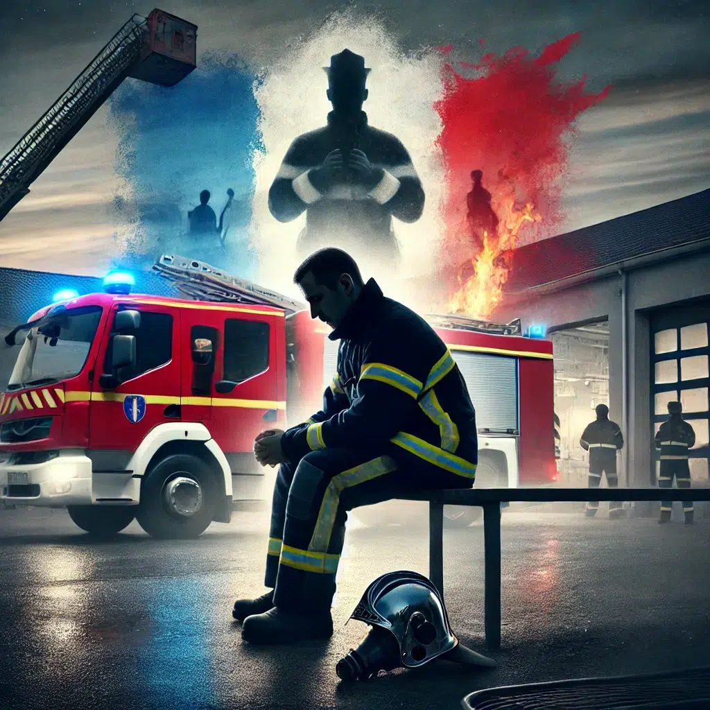 dall·e 2025 01 09 05.32.26 a symbolic illustration representing post traumatic stress disorder (ptsd) in a french firefighter. the image shows a firefighter in french uniform si