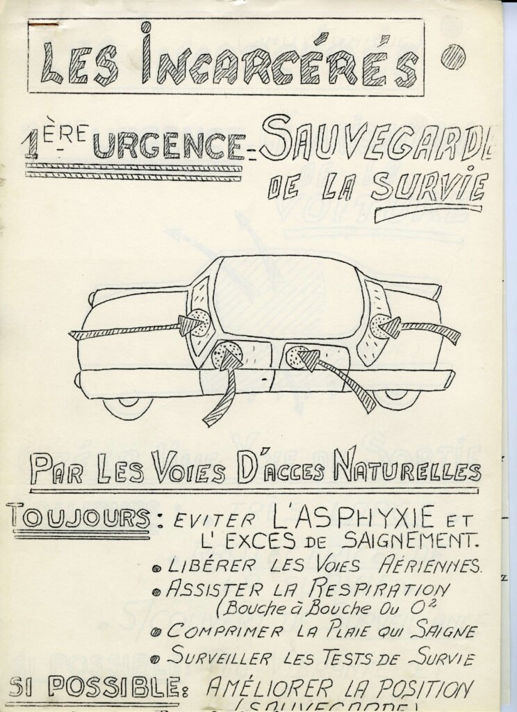 Affiche dessinée secours victimes coincées voiture