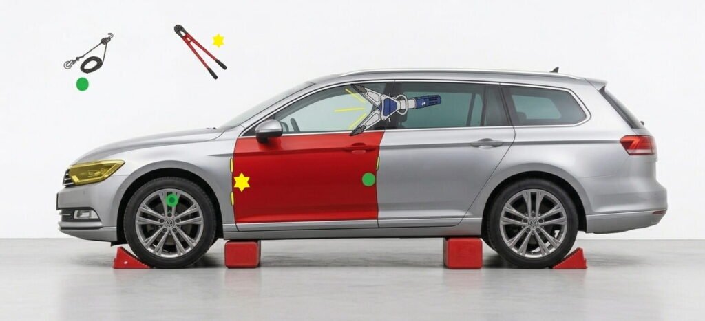 Voiture sur cales avec zones de levage indiquées