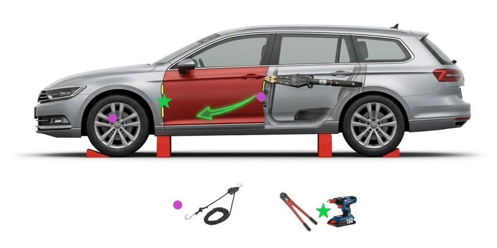 Portière de voiture endommagée tirée avec câble de traction